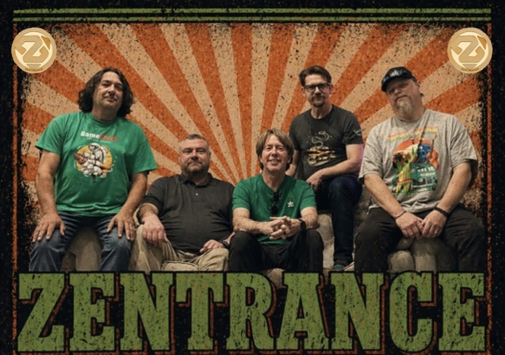 Zentrance band photo with orange sunburst background and the Zentrance name in green letters